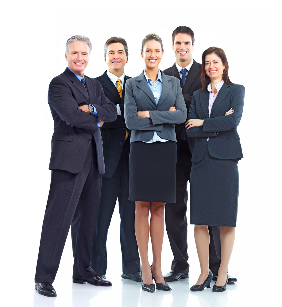 Group of businesspeople standing against a white background